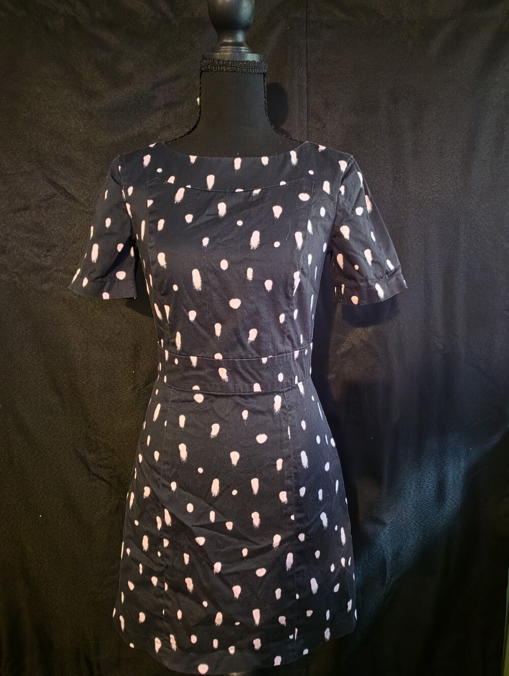 French Connection Painted Dot Cut-Out Back Dress Short Sleeve Black Mini